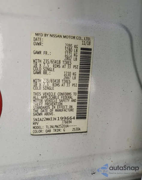 2018 Nissan Murano S из США, поврежденный, VIN 5N1AZ2MH3JN199664